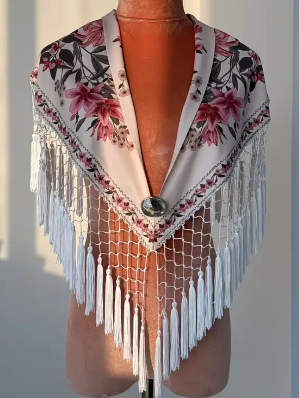 Floral Pink & White Fringe Triangle Scarf Wrap - Picture 10 of 11